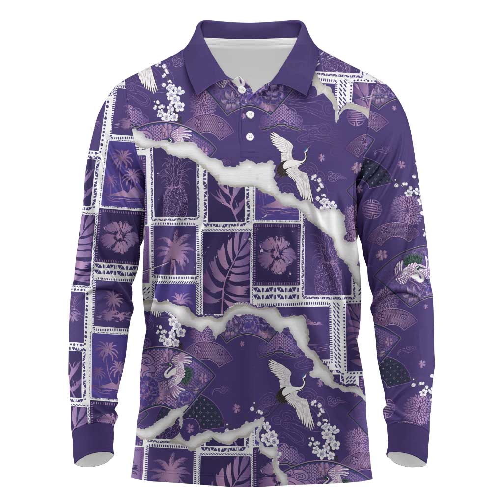 Hawaii Japanese Culture Purple Long Sleeve Polo Shirt Spring Cranes Aloha Pattern LT01 Purple - Polynesian Pride