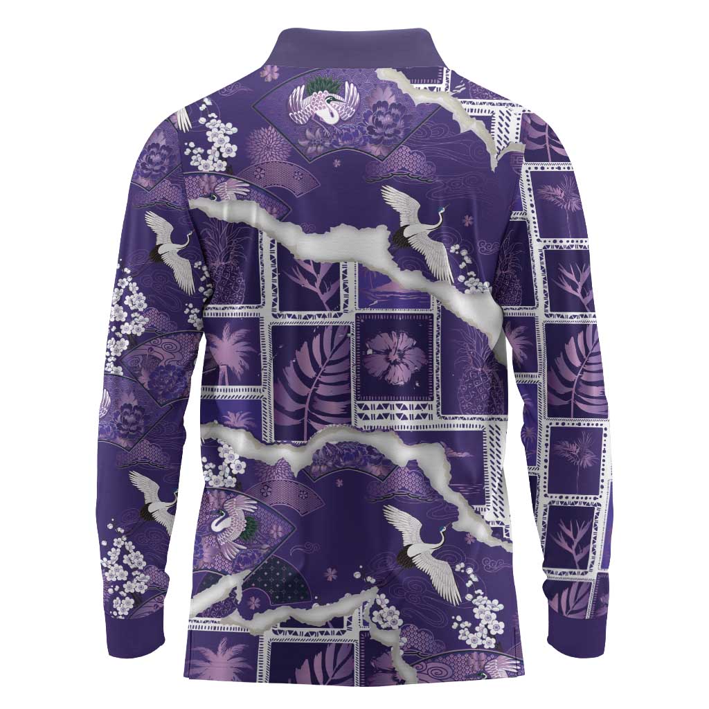 Hawaii Japanese Culture Purple Long Sleeve Polo Shirt Spring Cranes Aloha Pattern LT01 - Polynesian Pride