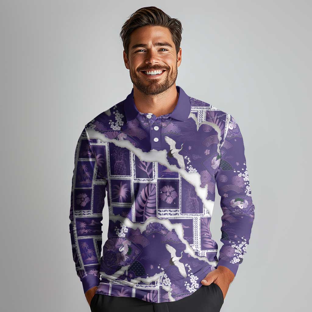 Hawaii Japanese Culture Purple Long Sleeve Polo Shirt Spring Cranes Aloha Pattern LT01 - Polynesian Pride