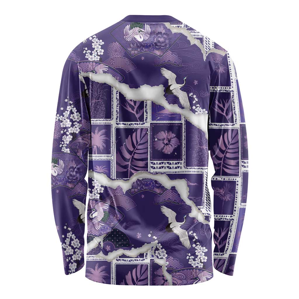 Hawaii Japanese Culture Purple Long Sleeve Shirt Spring Cranes Aloha Pattern