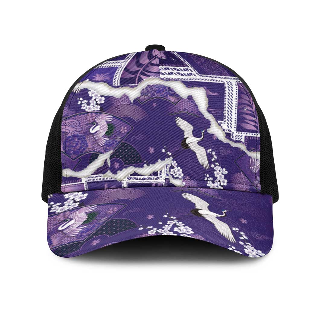 Hawaii Japanese Culture Purple Mesh Trucker Cap Spring Cranes Aloha Pattern