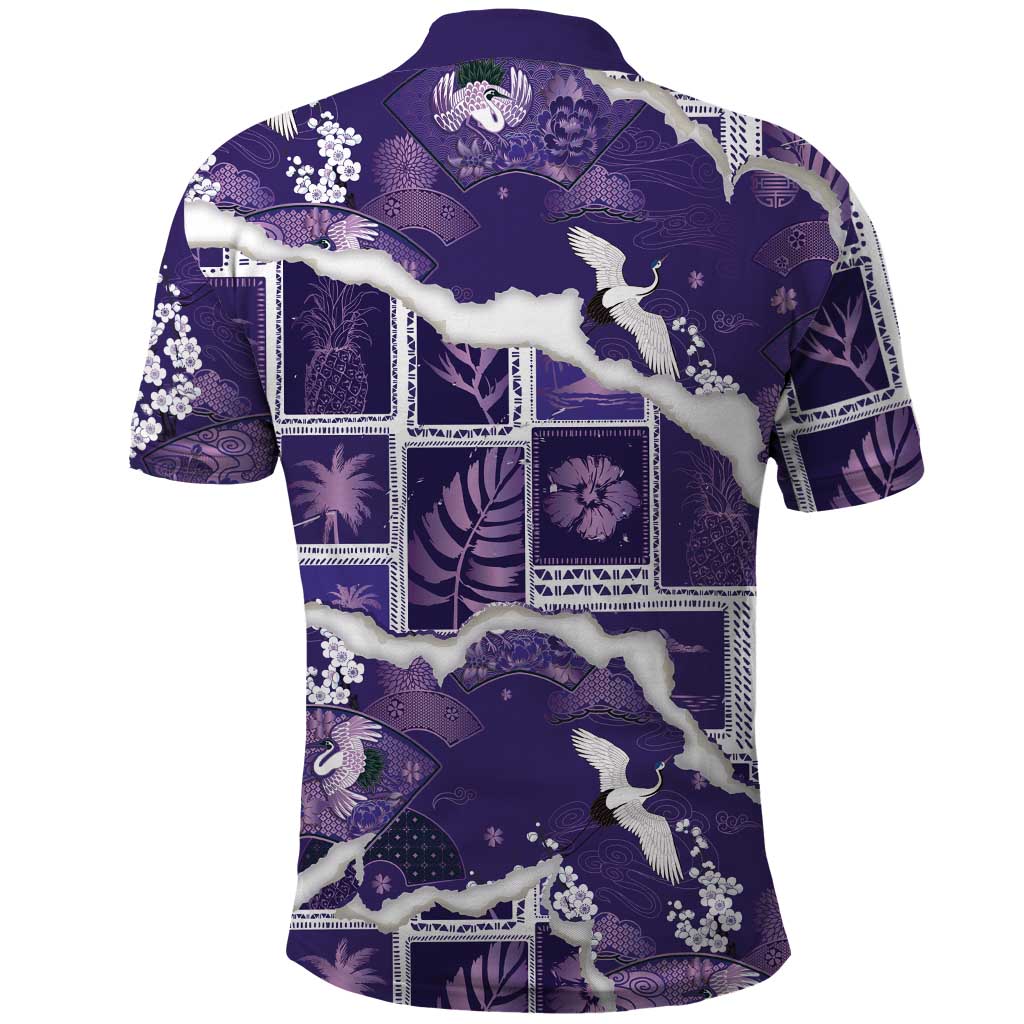 Hawaii Japanese Culture Purple Polo Shirt Spring Cranes Aloha Pattern