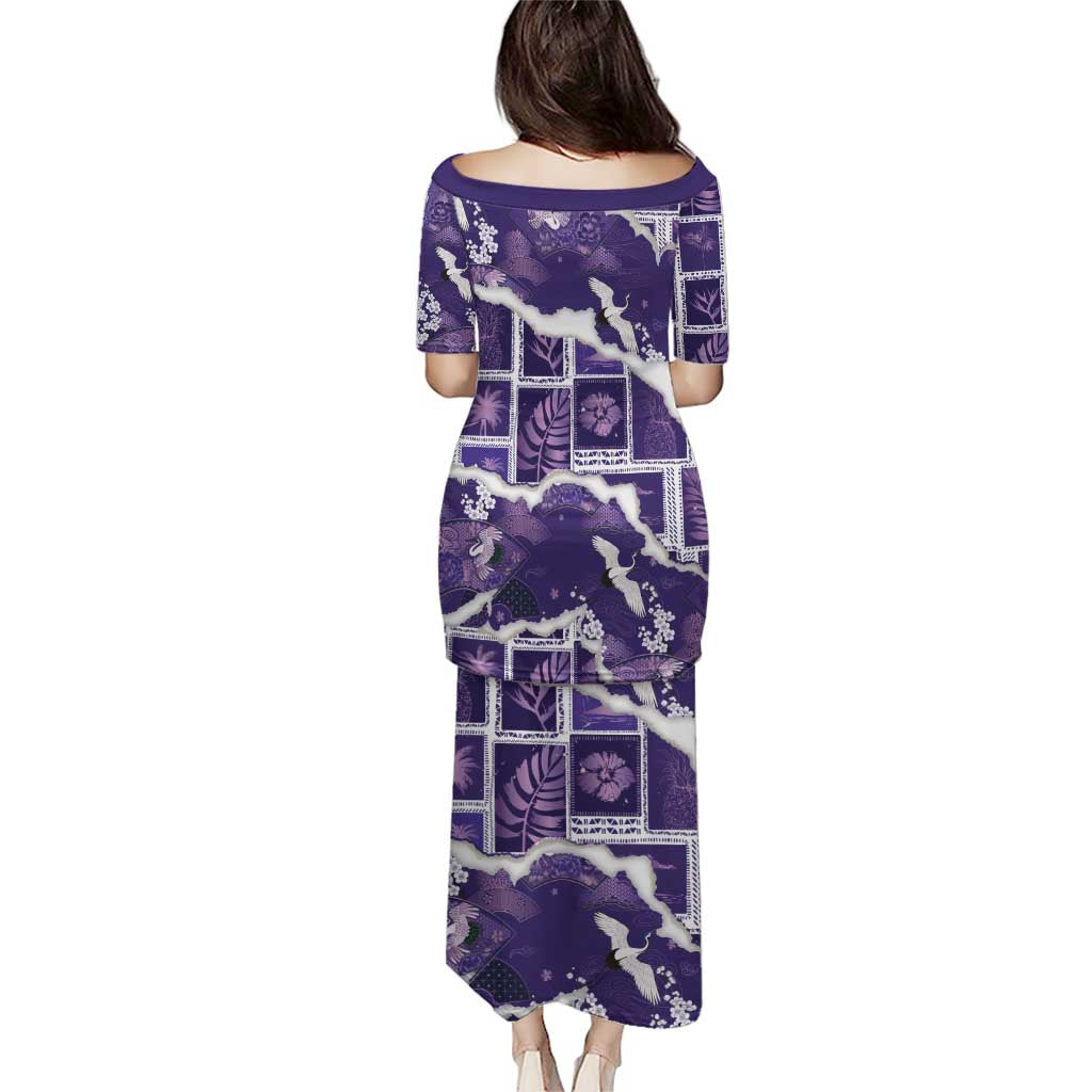 Hawaii Japanese Culture Purple Puletasi Spring Cranes Aloha Pattern