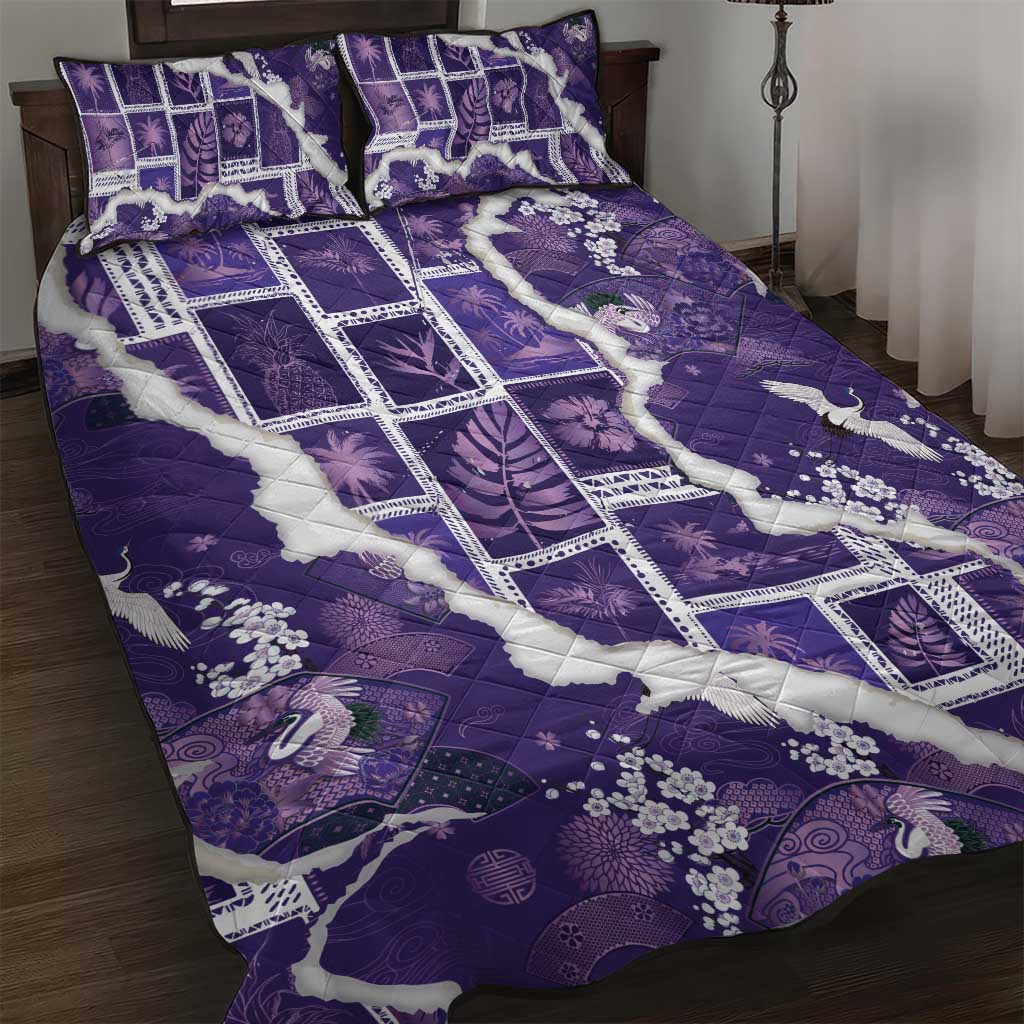Hawaii Japanese Culture Purple Quilt Bed Set Spring Cranes Aloha Pattern