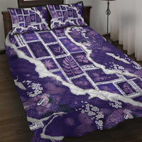Hawaii Japanese Culture Purple Quilt Bed Set Spring Cranes Aloha Pattern