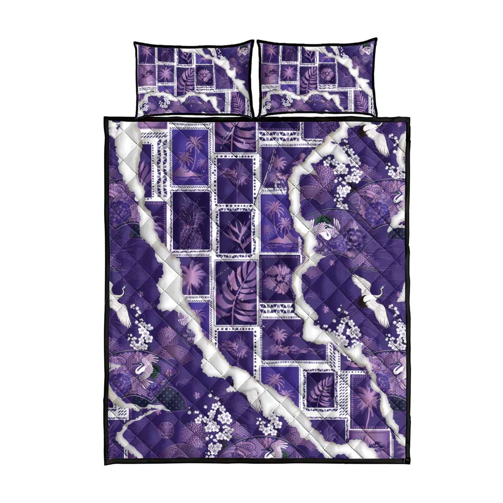 Hawaii Japanese Culture Purple Quilt Bed Set Spring Cranes Aloha Pattern