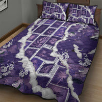 Hawaii Japanese Culture Purple Quilt Bed Set Spring Cranes Aloha Pattern