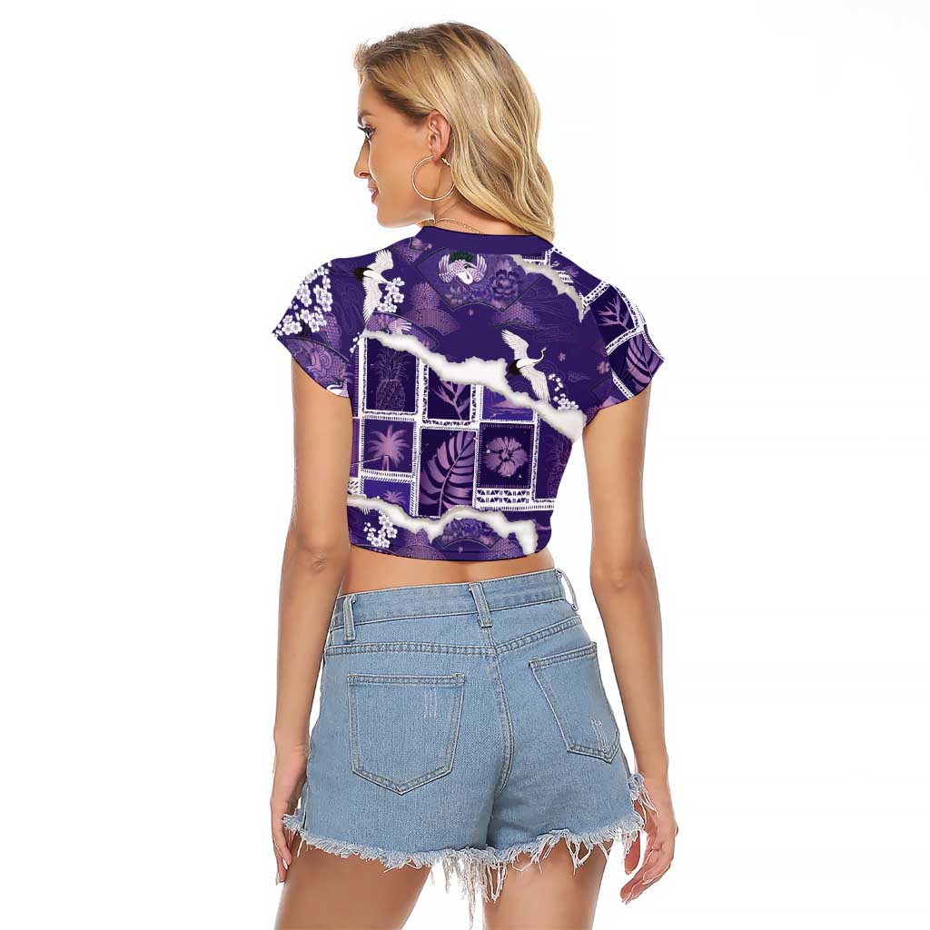 Hawaii Japanese Culture Purple Raglan Cropped T Shirt Spring Cranes Aloha Pattern