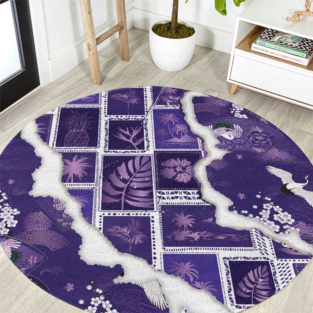 Hawaii Japanese Culture Purple Round Carpet Spring Cranes Aloha Pattern