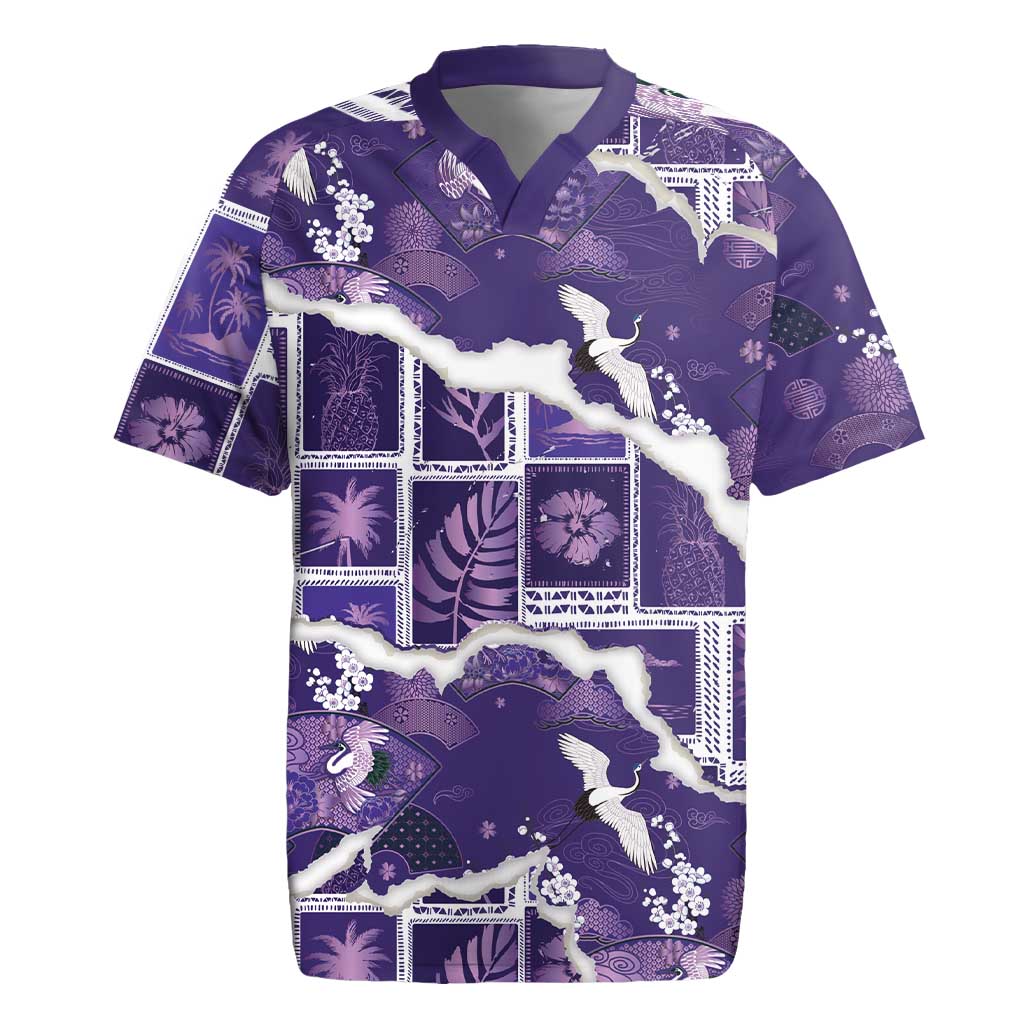 Hawaii Japanese Culture Purple Rugby Jersey Spring Cranes Aloha Pattern