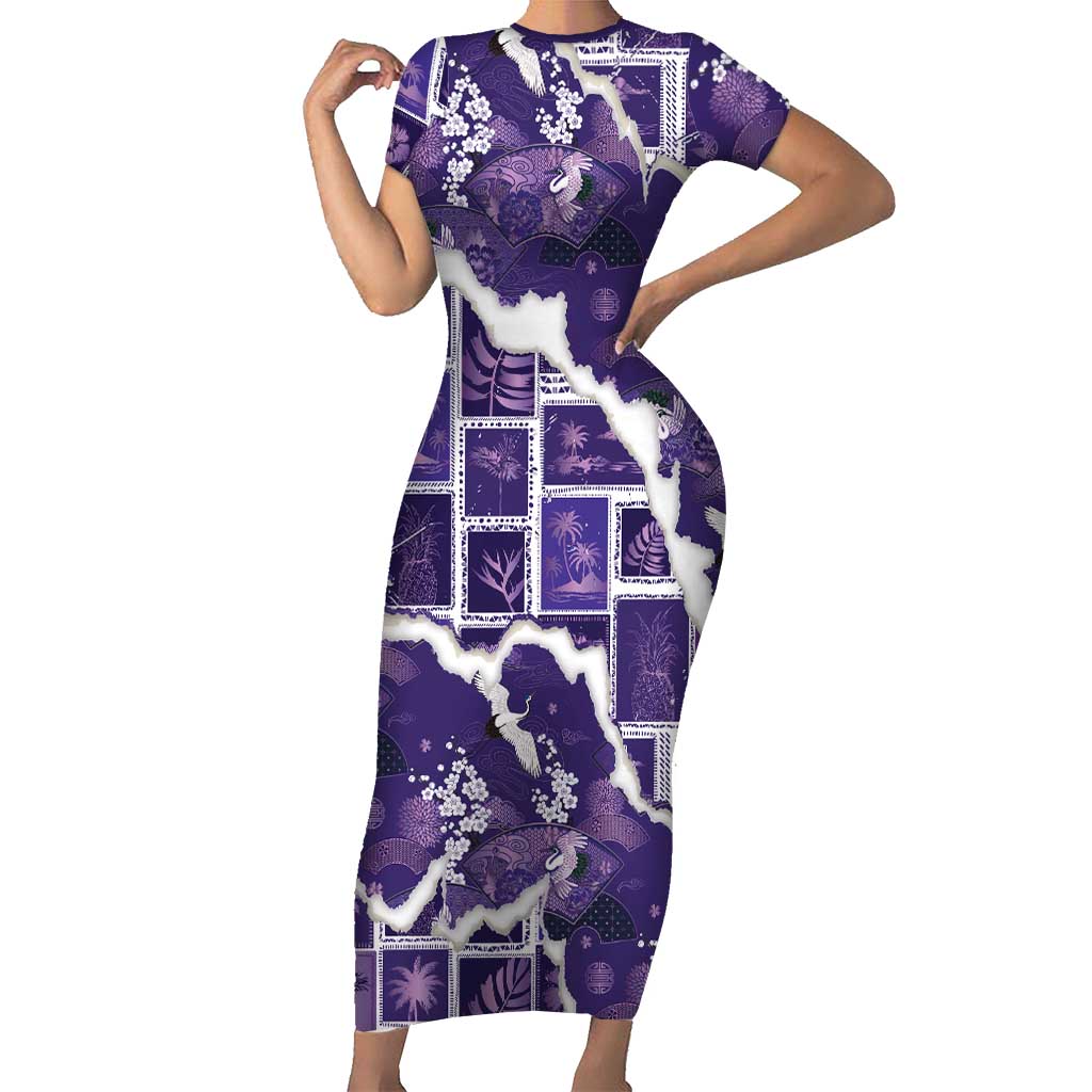 Hawaii Japanese Culture Purple Short Sleeve Bodycon Dress Spring Cranes Aloha Pattern LT01 Long Dress Purple - Polynesian Pride