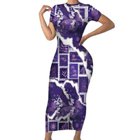 Hawaii Japanese Culture Purple Short Sleeve Bodycon Dress Spring Cranes Aloha Pattern