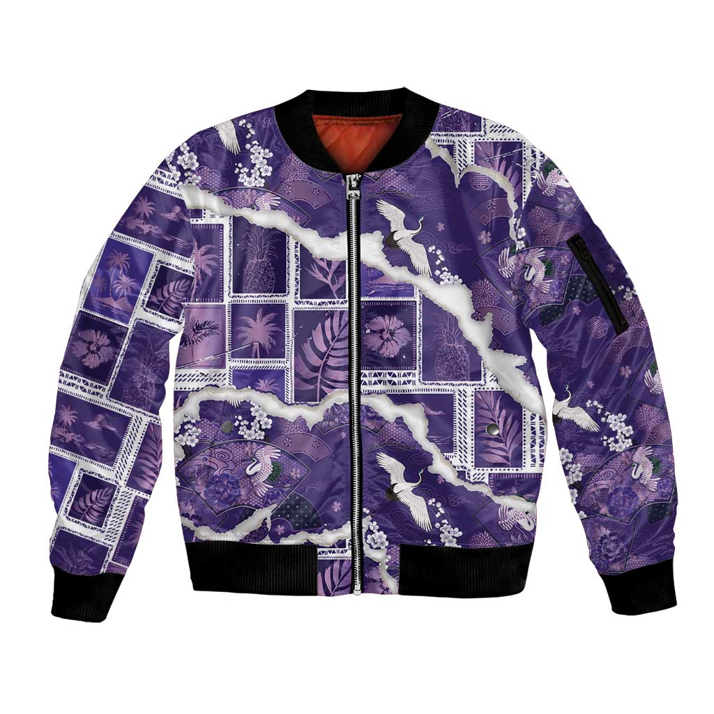 Hawaii Japanese Culture Purple Sleeve Zip Bomber Jacket Spring Cranes Aloha Pattern