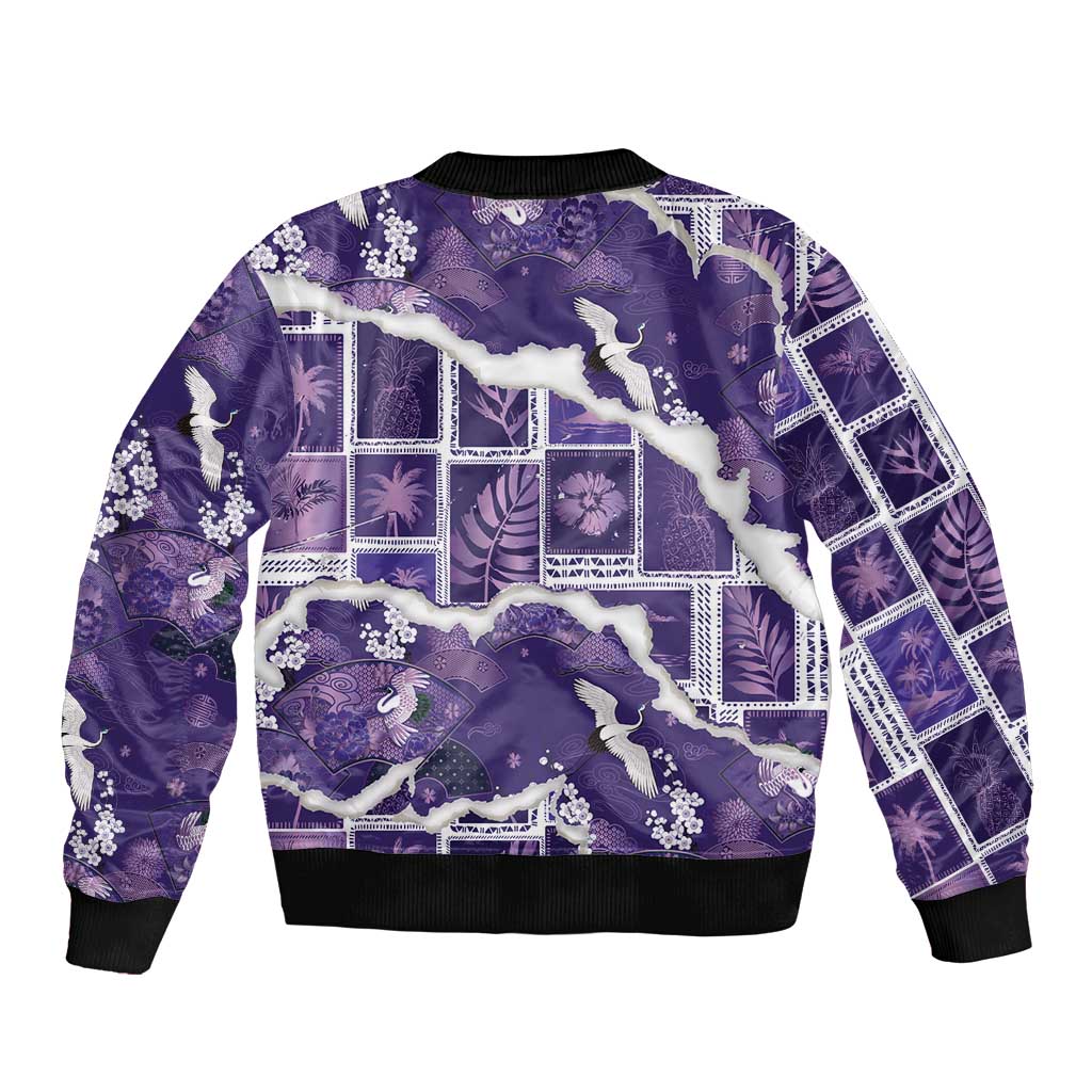 Hawaii Japanese Culture Purple Sleeve Zip Bomber Jacket Spring Cranes Aloha Pattern