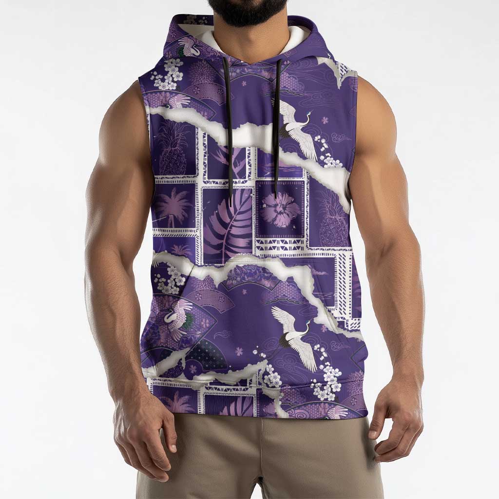 Hawaii Japanese Culture Purple Sleeveless Hoodie Spring Cranes Aloha Pattern LT01 - Polynesian Pride