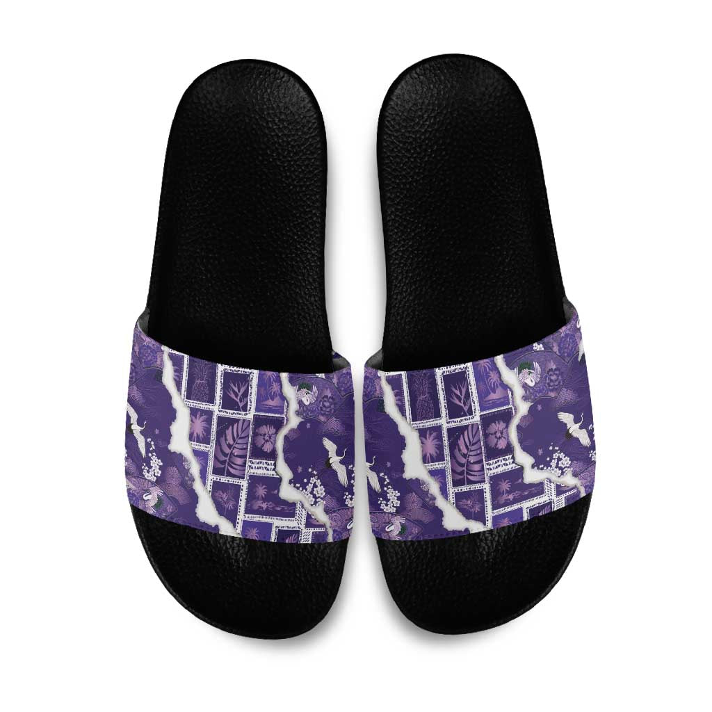 Hawaii Japanese Culture Purple Slide Sandals Spring Cranes Aloha Pattern
