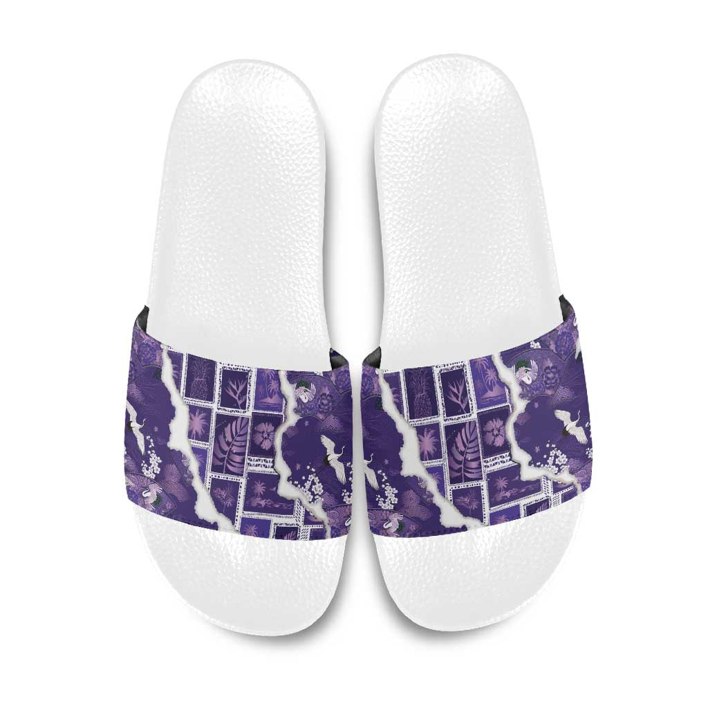 Hawaii Japanese Culture Purple Slide Sandals Spring Cranes Aloha Pattern