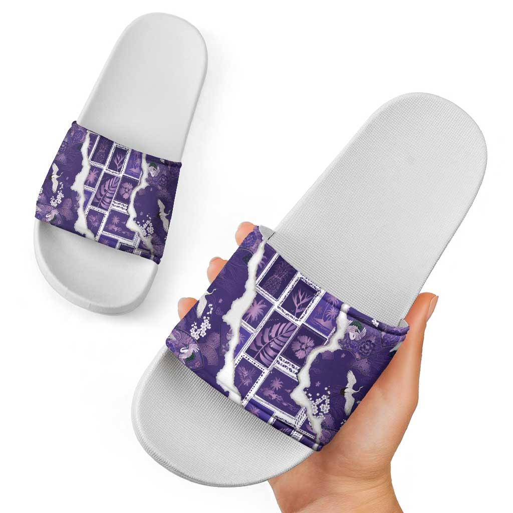 Hawaii Japanese Culture Purple Slide Sandals Spring Cranes Aloha Pattern