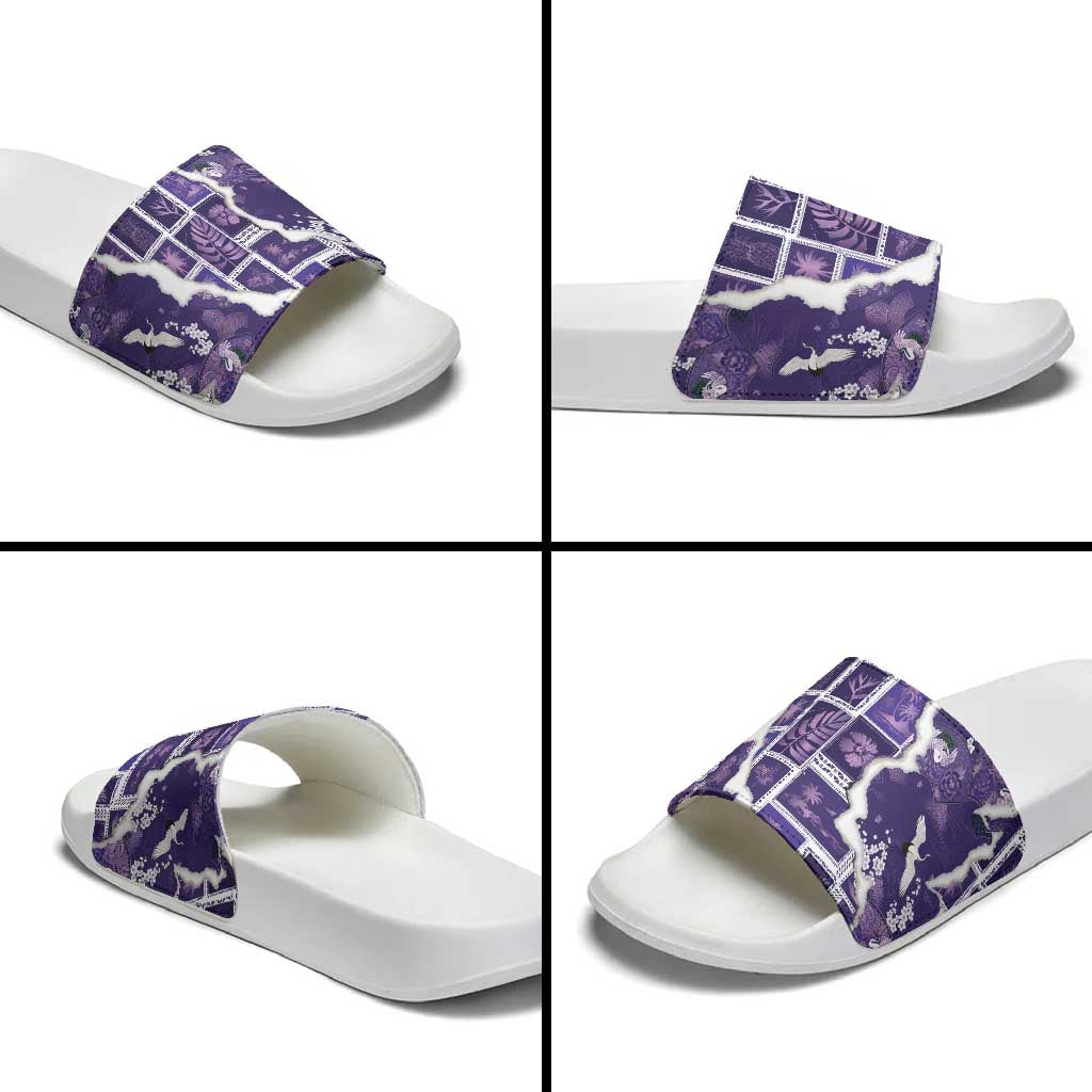 Hawaii Japanese Culture Purple Slide Sandals Spring Cranes Aloha Pattern