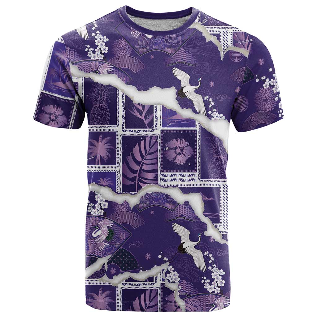 Hawaii Japanese Culture Purple T Shirt Spring Cranes Aloha Pattern