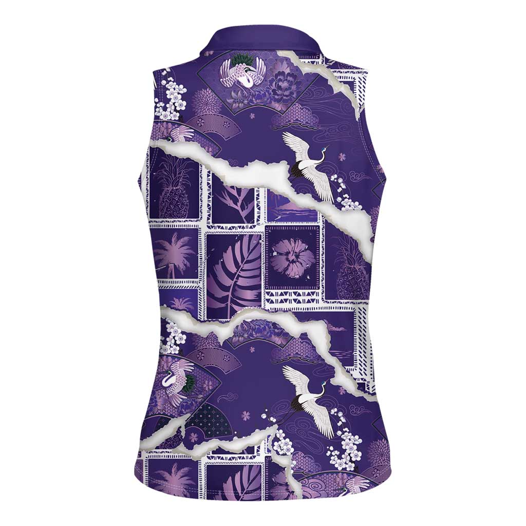 Hawaii Japanese Culture Purple Women Sleeveless Polo Shirt Spring Cranes Aloha Pattern LT01 - Polynesian Pride