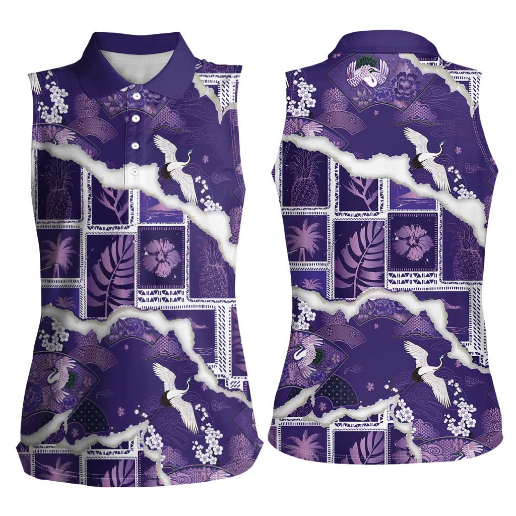 Hawaii Japanese Culture Purple Women Sleeveless Polo Shirt Spring Cranes Aloha Pattern LT01 - Polynesian Pride