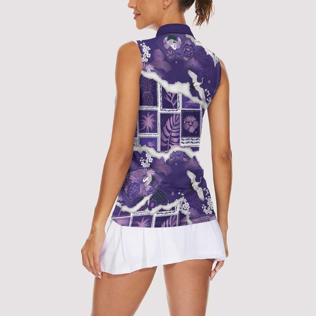Hawaii Japanese Culture Purple Women Sleeveless Polo Shirt Spring Cranes Aloha Pattern LT01 - Polynesian Pride