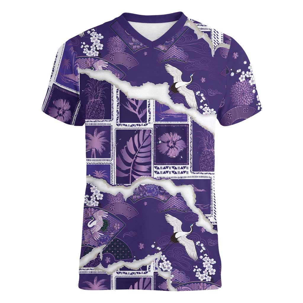 Hawaii Japanese Culture Purple Women V-Neck T-Shirt Spring Cranes Aloha Pattern LT01 Female Purple - Polynesian Pride