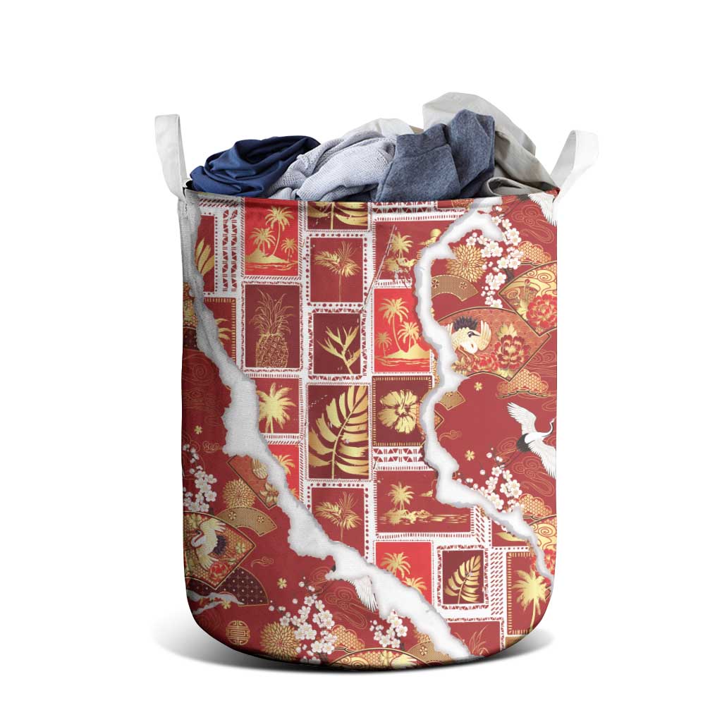Hawaii Japanese Culture Red Laundry Basket Spring Cranes Aloha Pattern