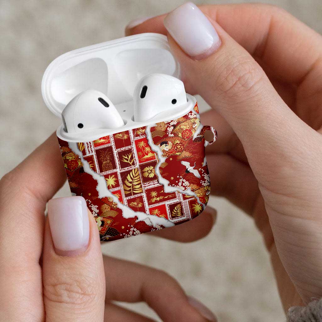 Hawaii Japanese Culture Red AirPods Case Spring Cranes Aloha Pattern