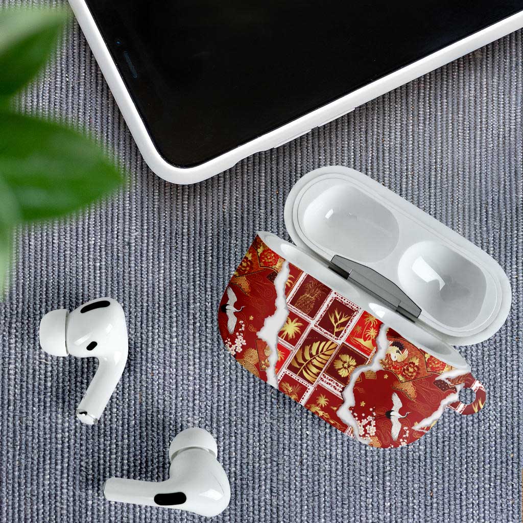Hawaii Japanese Culture Red AirPods Case Spring Cranes Aloha Pattern