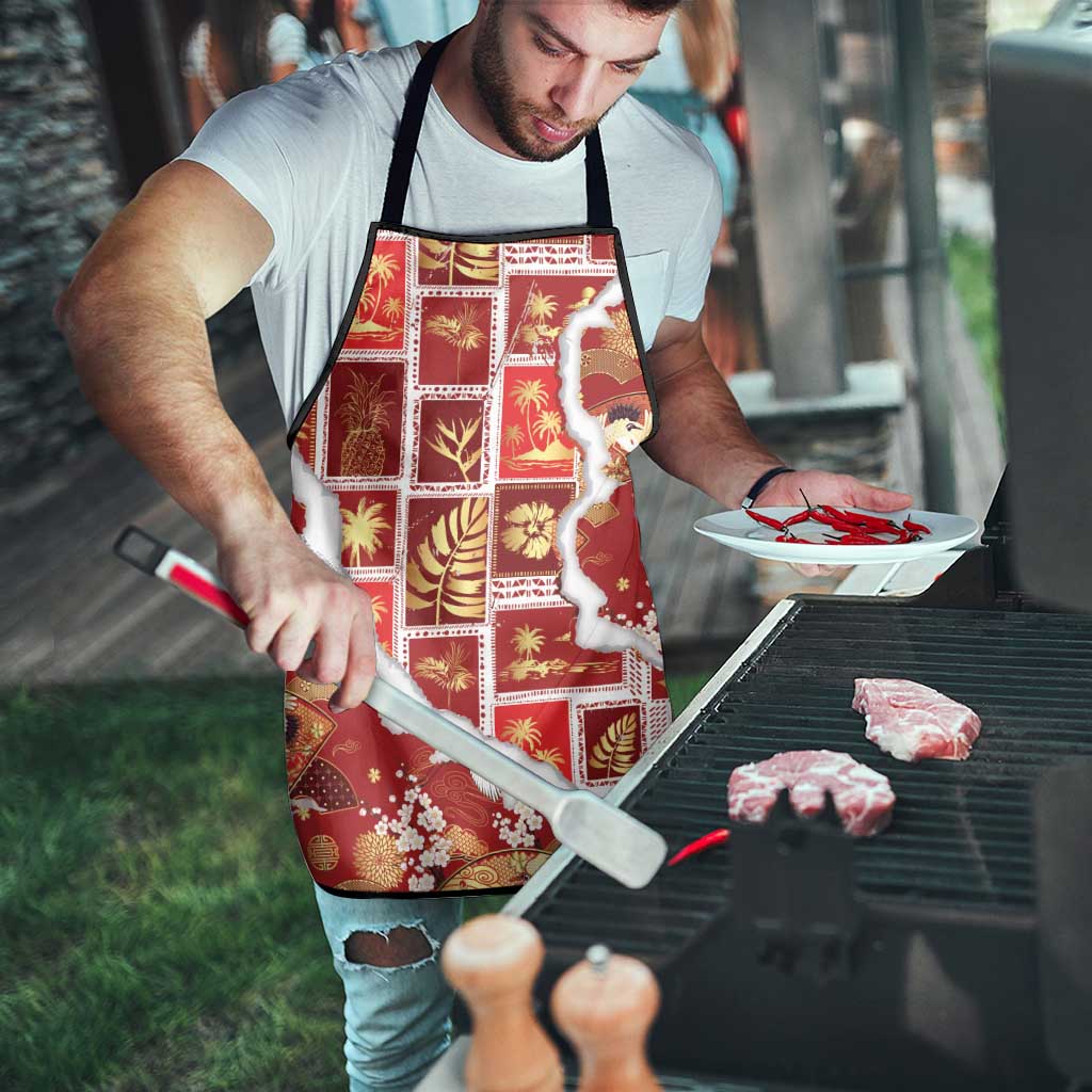 Hawaii Japanese Culture Red Apron Spring Cranes Aloha Pattern