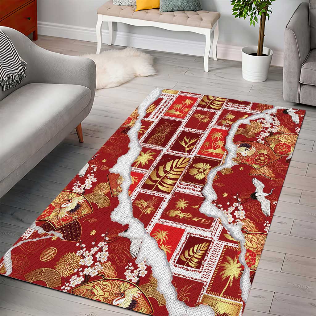 Hawaii Japanese Culture Red Area Rug Spring Cranes Aloha Pattern LT01 - Polynesian Pride