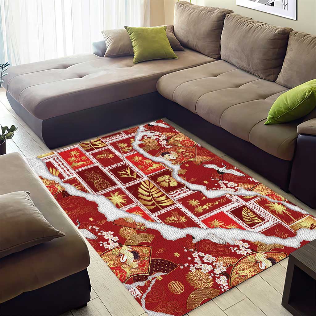 Hawaii Japanese Culture Red Area Rug Spring Cranes Aloha Pattern LT01 - Polynesian Pride