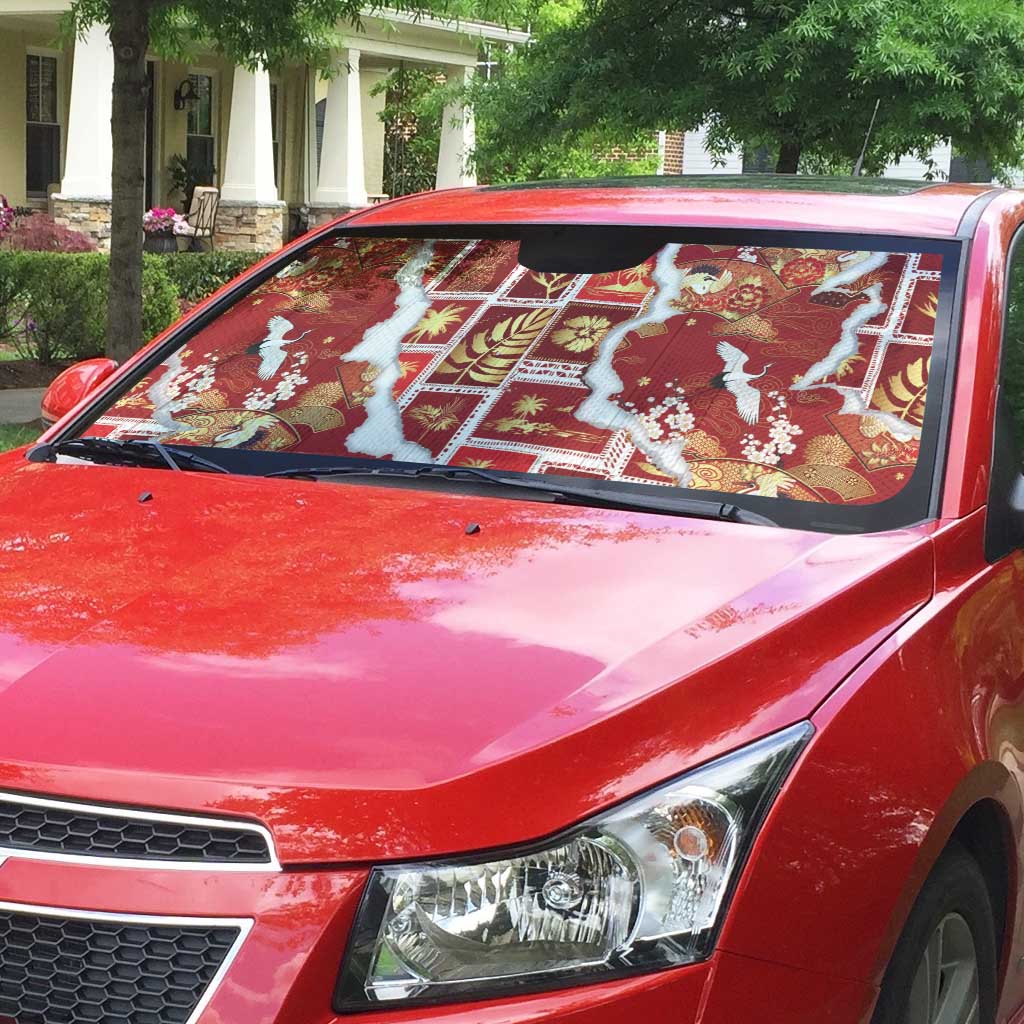 Hawaii Japanese Culture Red Auto Sun Shade Spring Cranes Aloha Pattern