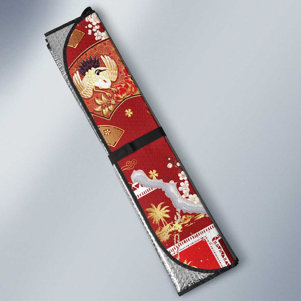 Hawaii Japanese Culture Red Auto Sun Shade Spring Cranes Aloha Pattern