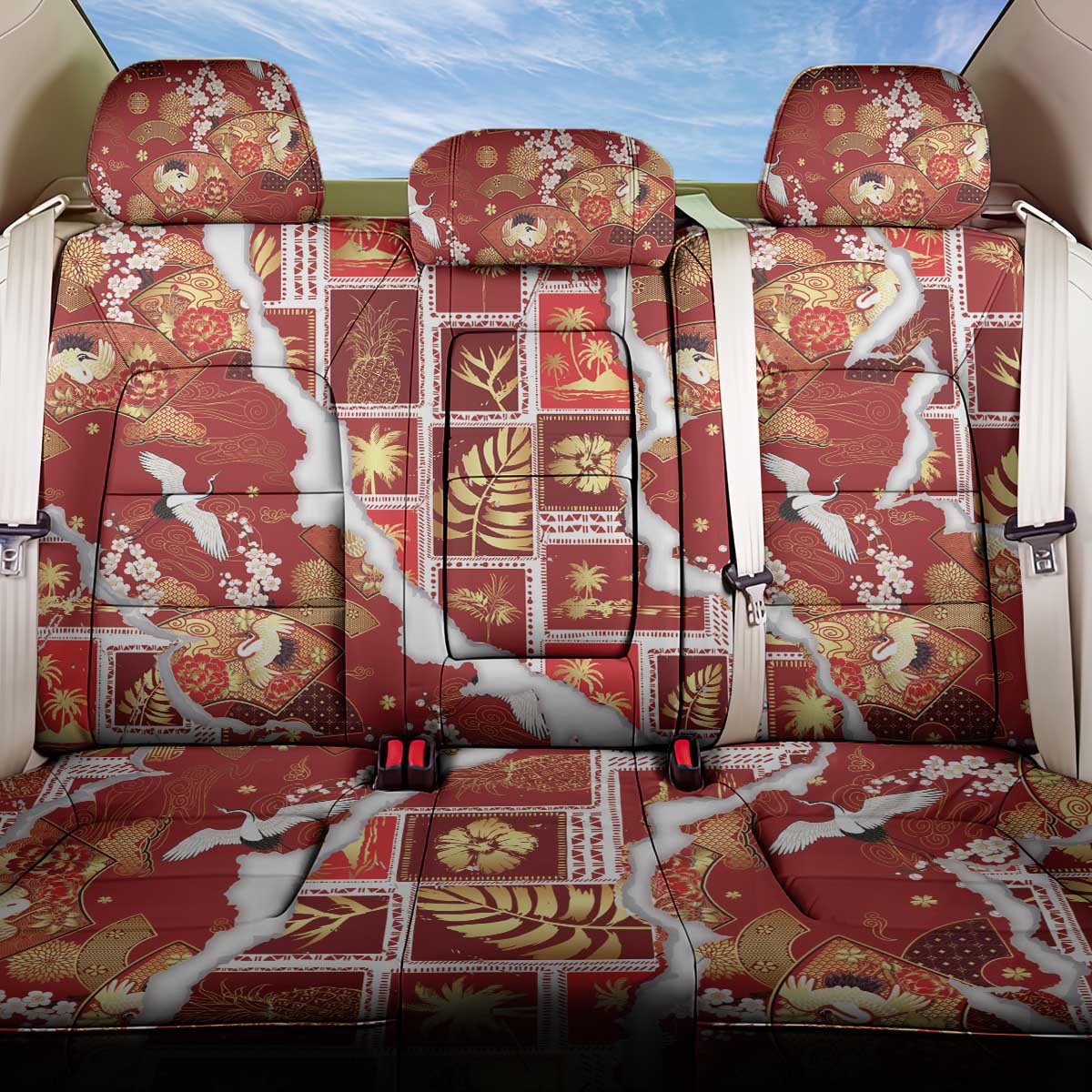 Hawaii Japanese Culture Red Back Car Seat Cover Spring Cranes Aloha Pattern LT01 One Size Red - Polynesian Pride