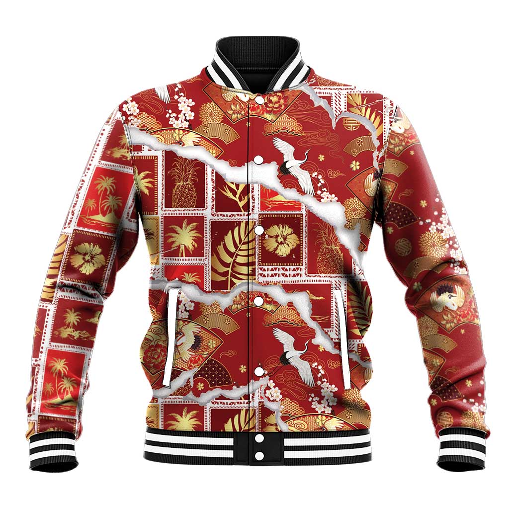 Hawaii Japanese Culture Red Baseball Jacket Spring Cranes Aloha Pattern