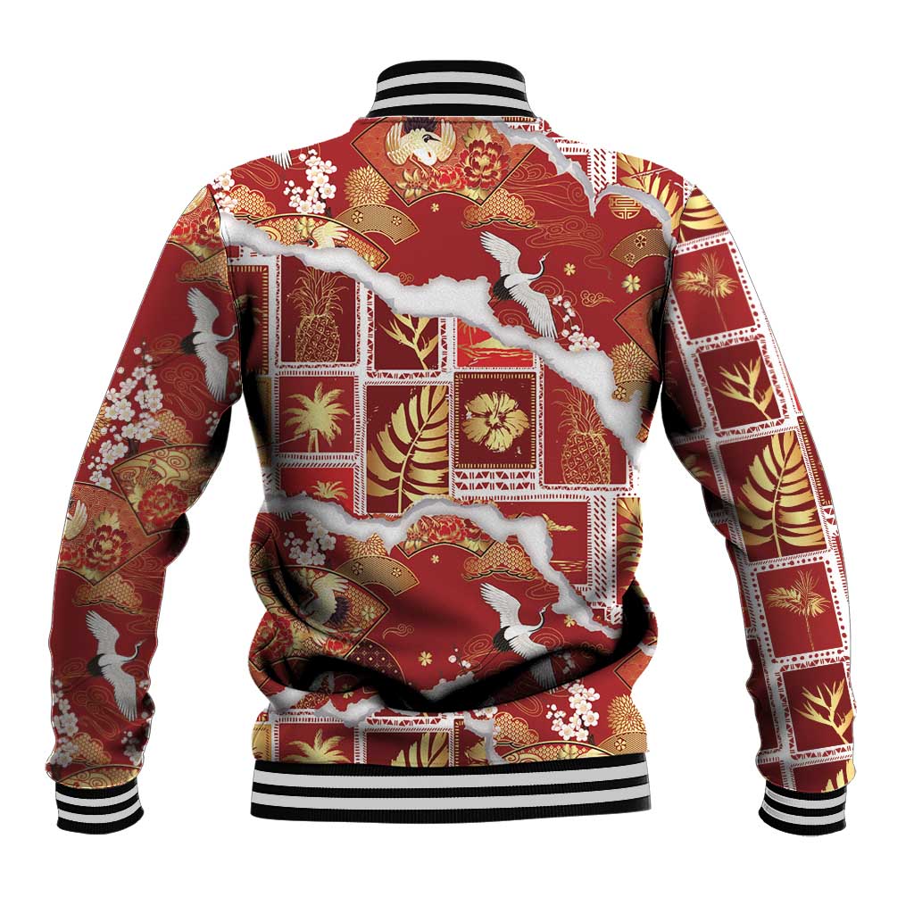 Hawaii Japanese Culture Red Baseball Jacket Spring Cranes Aloha Pattern