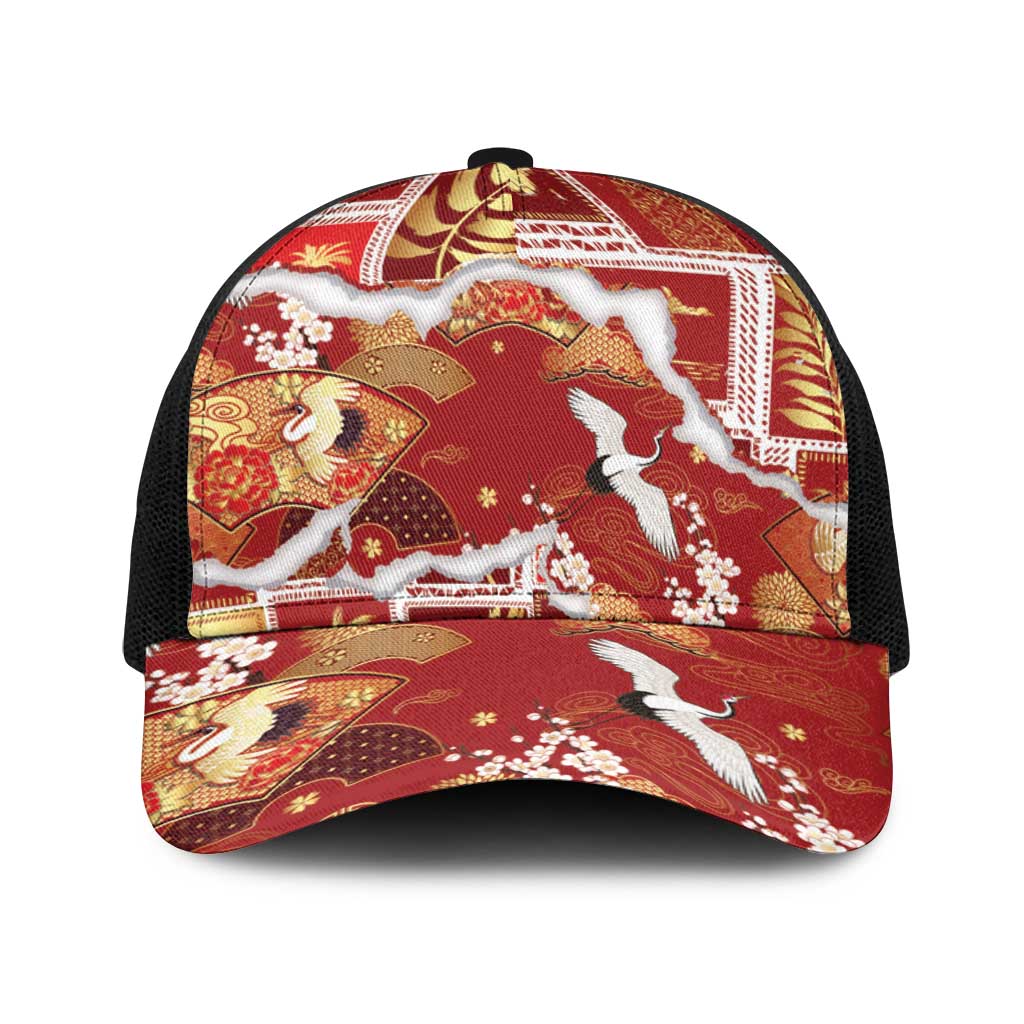 Hawaii Japanese Culture Red Baseball Net Cap Spring Cranes Aloha Pattern