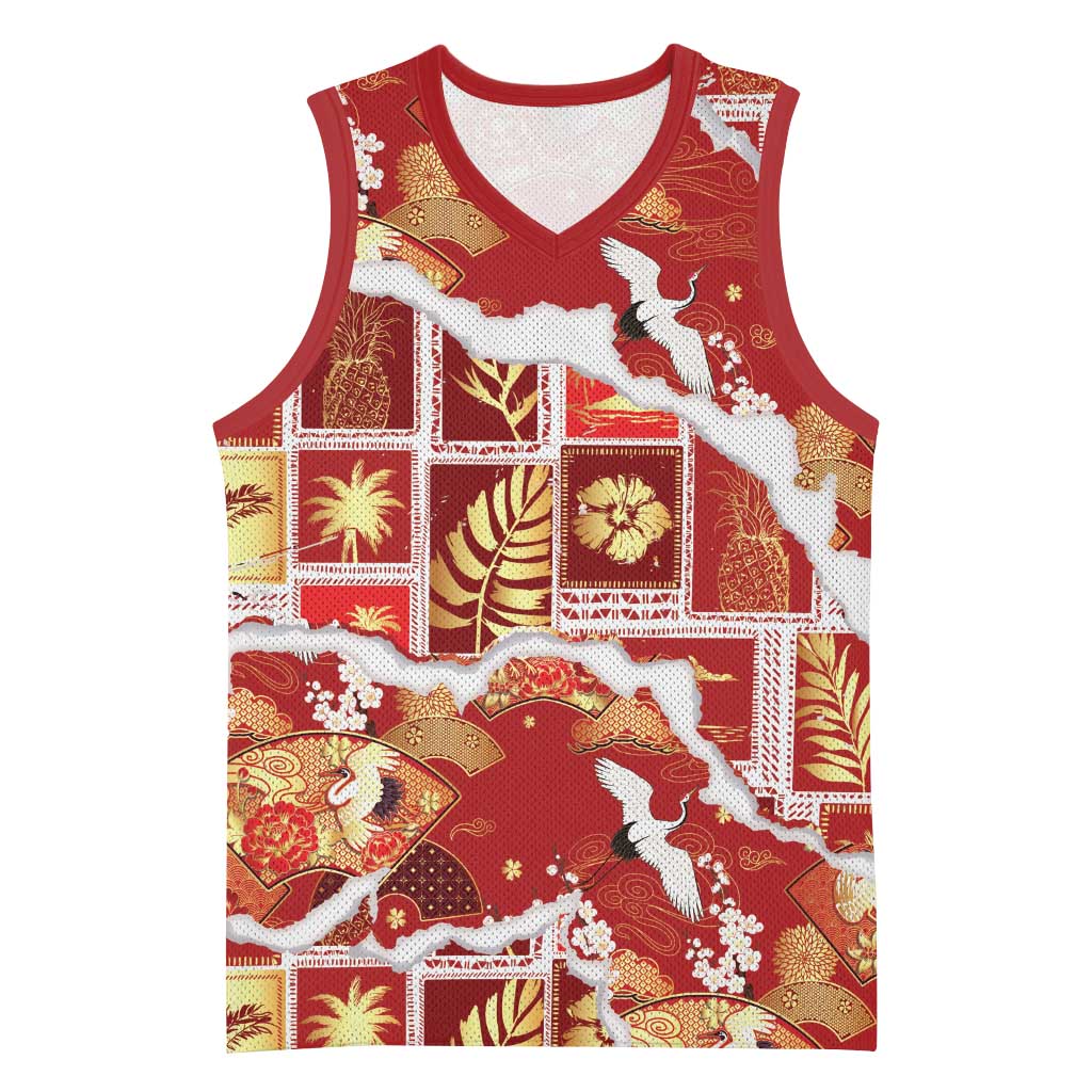 Hawaii Japanese Culture Red Basketball Jersey Spring Cranes Aloha Pattern