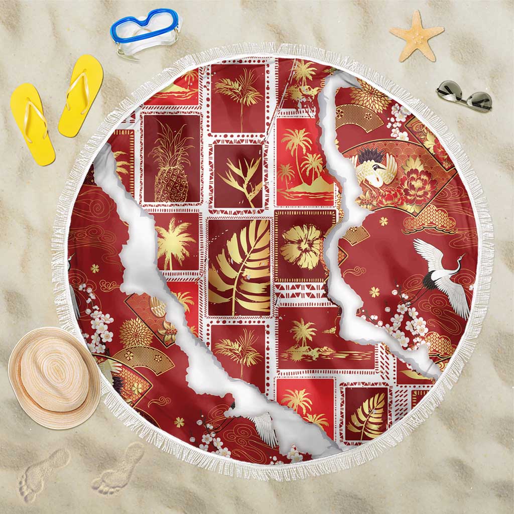 Hawaii Japanese Culture Red Beach Blanket Spring Cranes Aloha Pattern LT01 One Size 150cm Red - Polynesian Pride