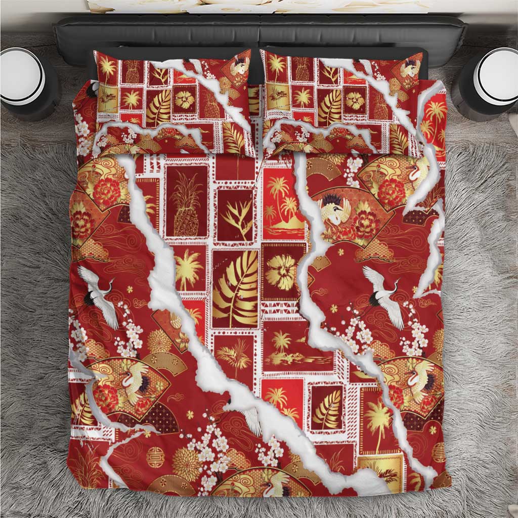 Hawaii Japanese Culture Red Bedding Set Spring Cranes Aloha Pattern