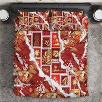 Hawaii Japanese Culture Red Bedding Set Spring Cranes Aloha Pattern