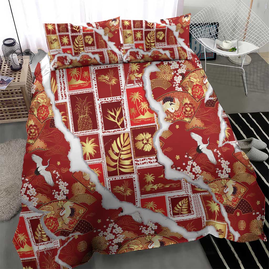 Hawaii Japanese Culture Red Bedding Set Spring Cranes Aloha Pattern