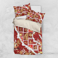Hawaii Japanese Culture Red Bedding Set Spring Cranes Aloha Pattern