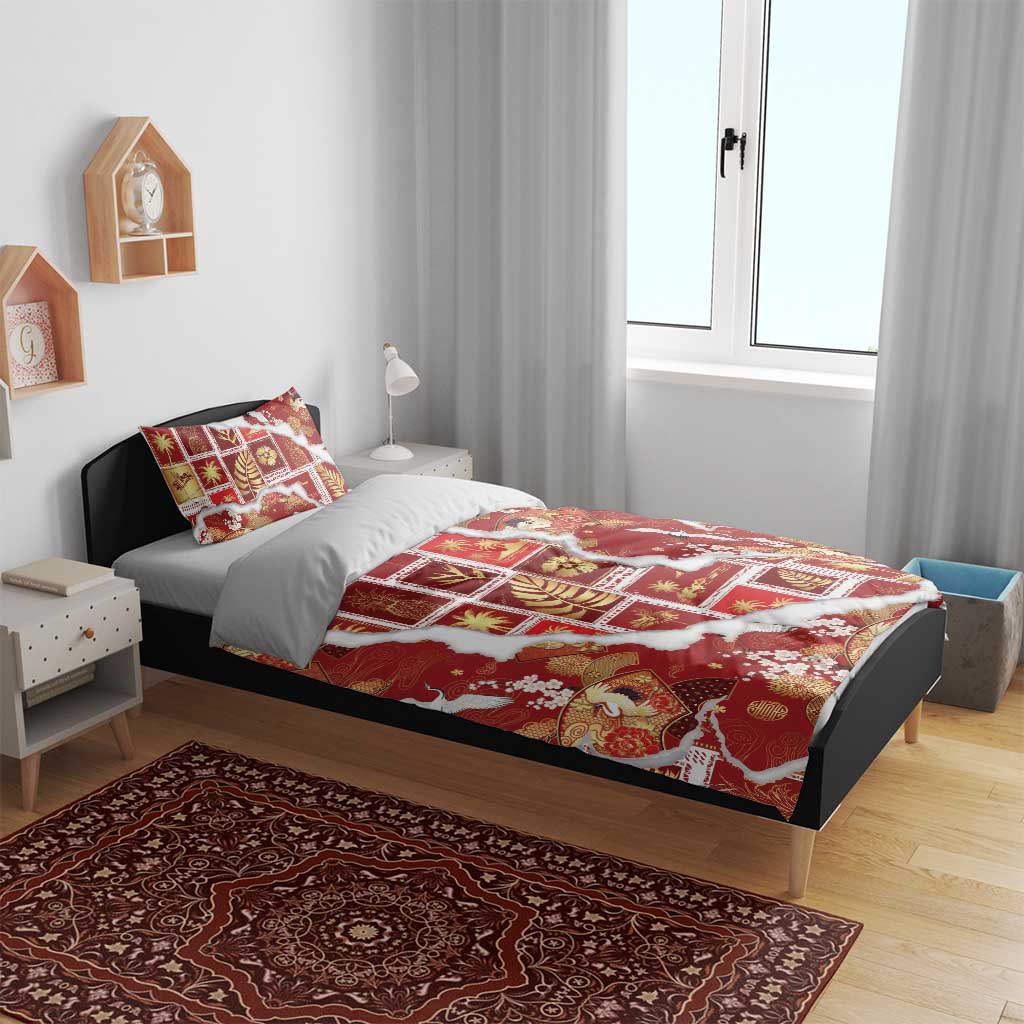 Hawaii Japanese Culture Red Bedding Set Spring Cranes Aloha Pattern