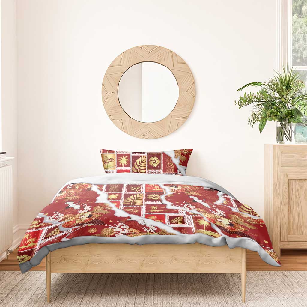 Hawaii Japanese Culture Red Bedding Set Spring Cranes Aloha Pattern