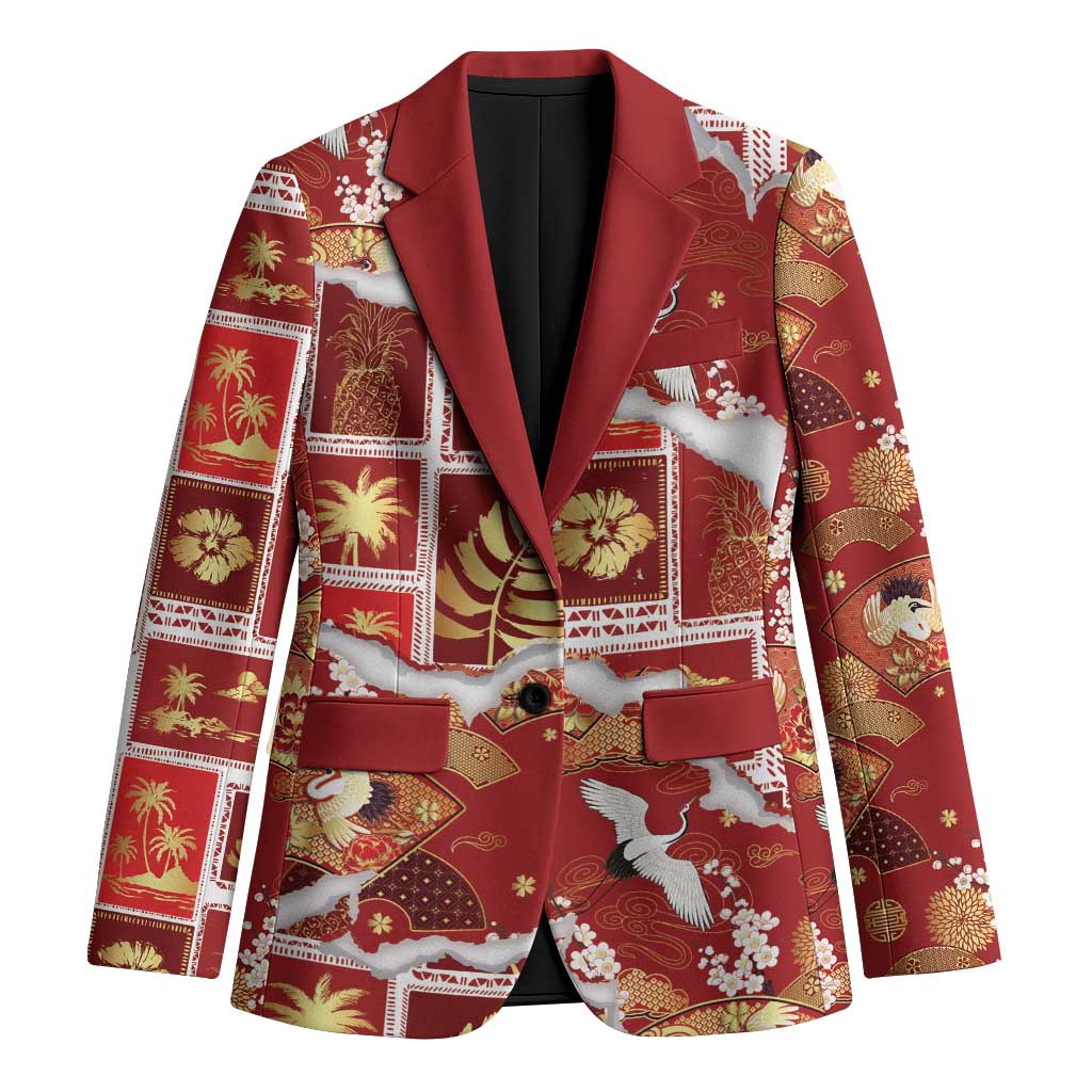 Hawaii Japanese Culture Red Blazer Spring Cranes Aloha Pattern