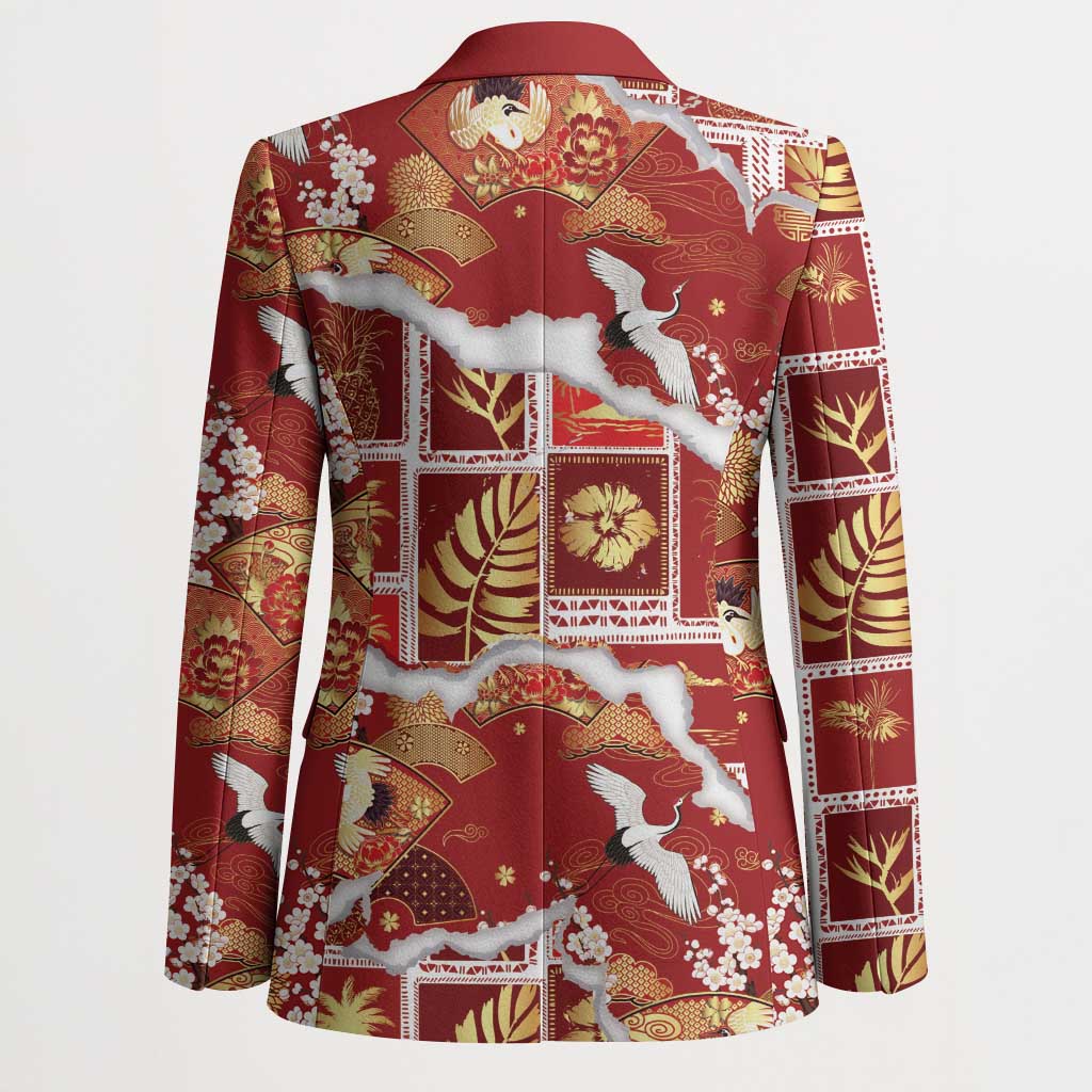 Hawaii Japanese Culture Red Blazer Spring Cranes Aloha Pattern